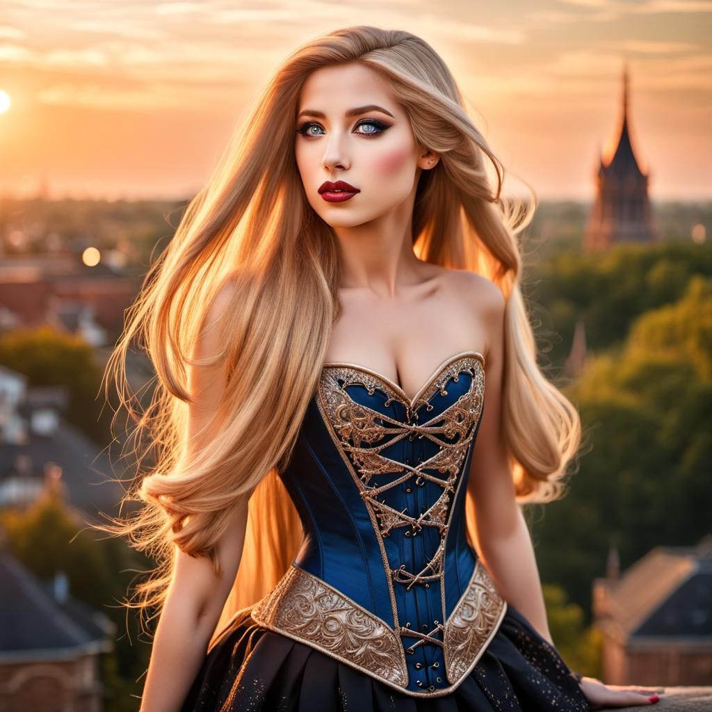 Gorgeous Rapunzel with Golden Hair in Sunset