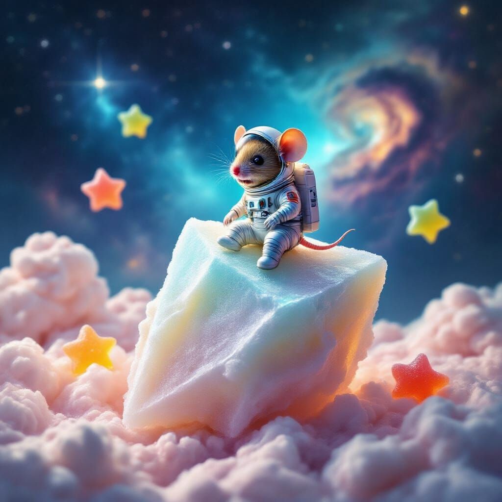 Bioluminescent Mouse Astronaut on Sugar Spaceship in Nebula