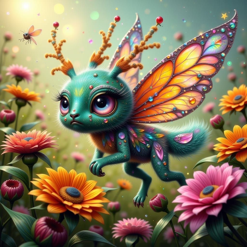 Whimsical Fae Creature in Gingham Gown Flies Over Colorful M...