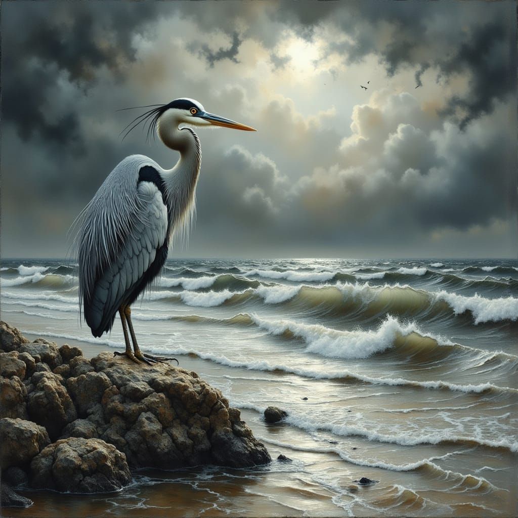 Heron in Stormy Louisiana Ocean, Digital Art