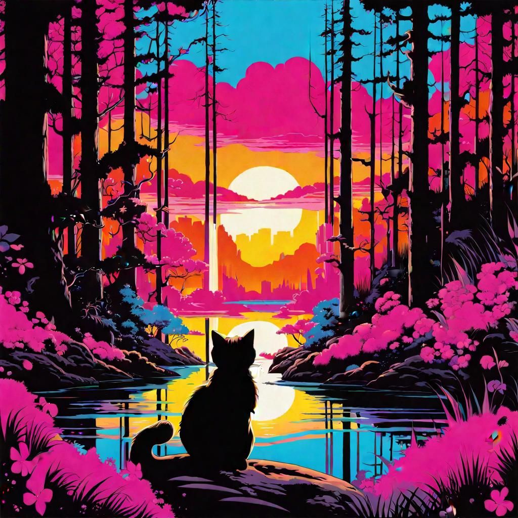 Cartoon Cat Heroine in Fantasy Forest, Solarpunk Style