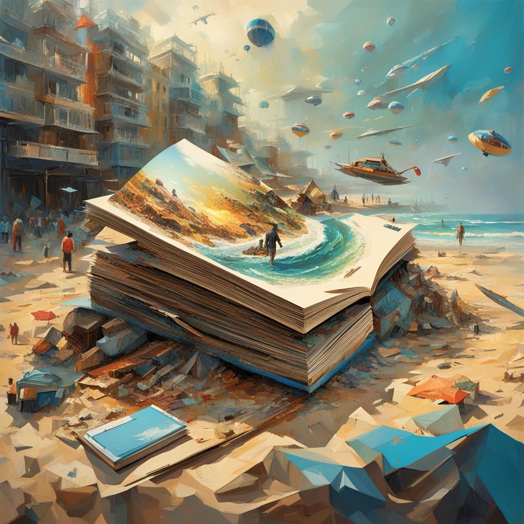 Pop-Up Book Beach Scene: Detailed Futuristic Art