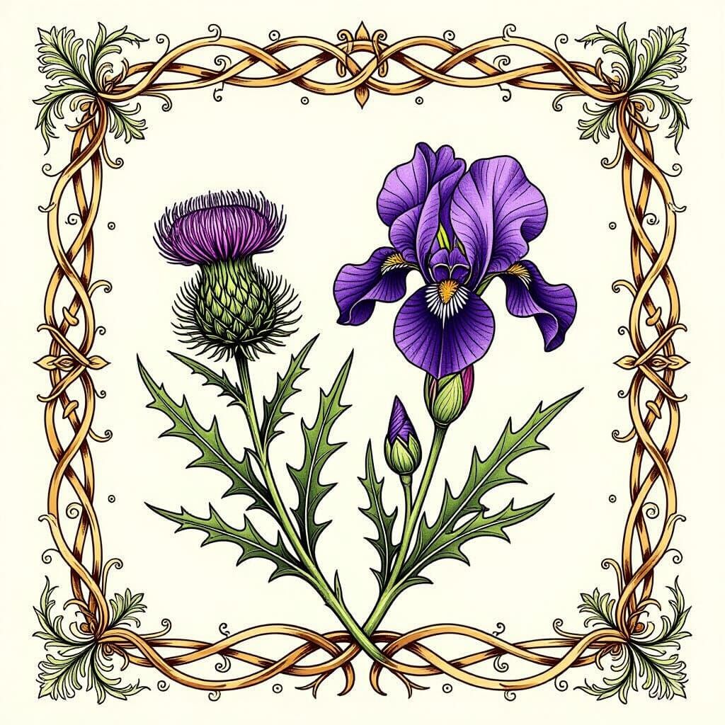 Scottish Thistle and Iris Botanical Tattoo Art