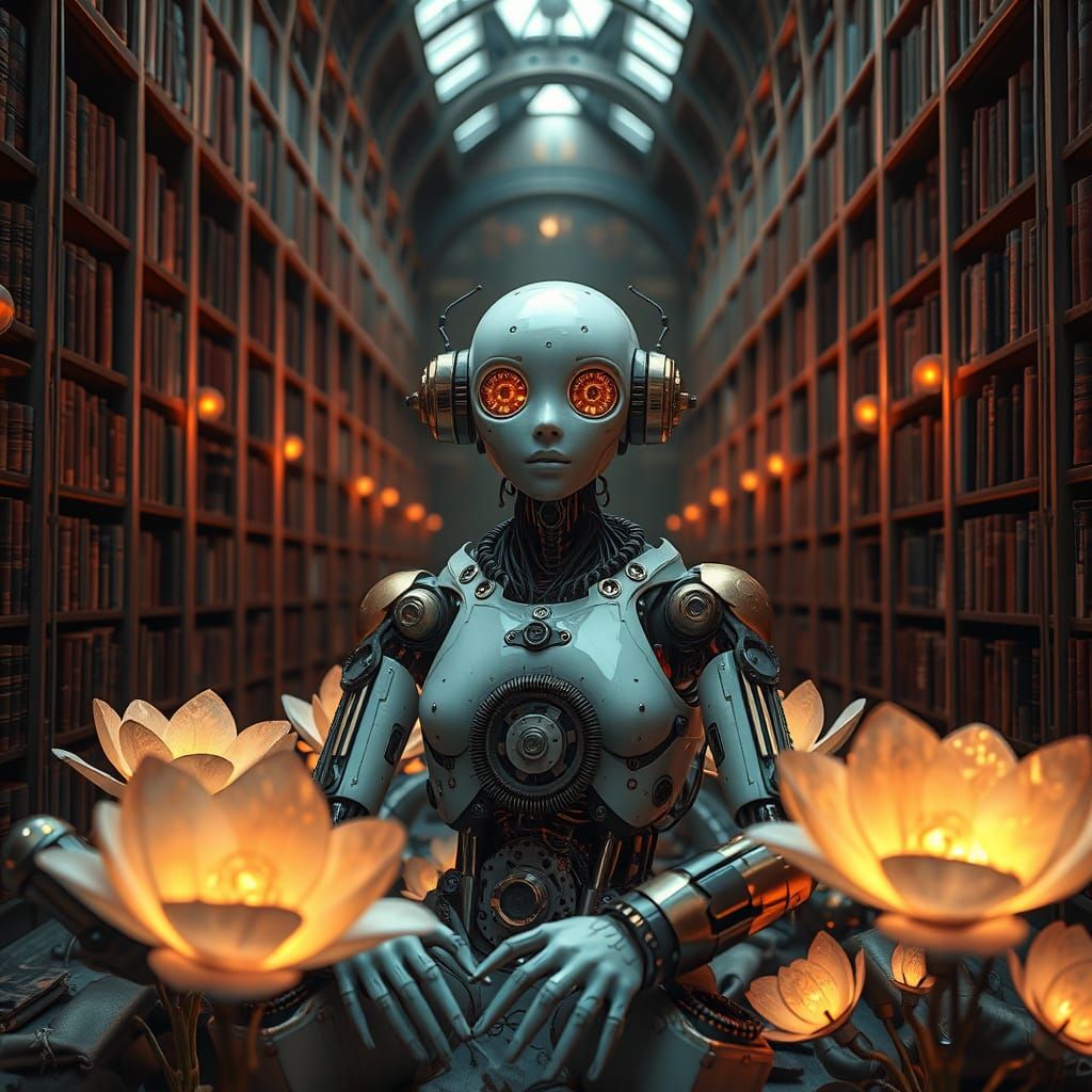 Steampunk Android in Crystal Library: Retro-Futuristic Dream