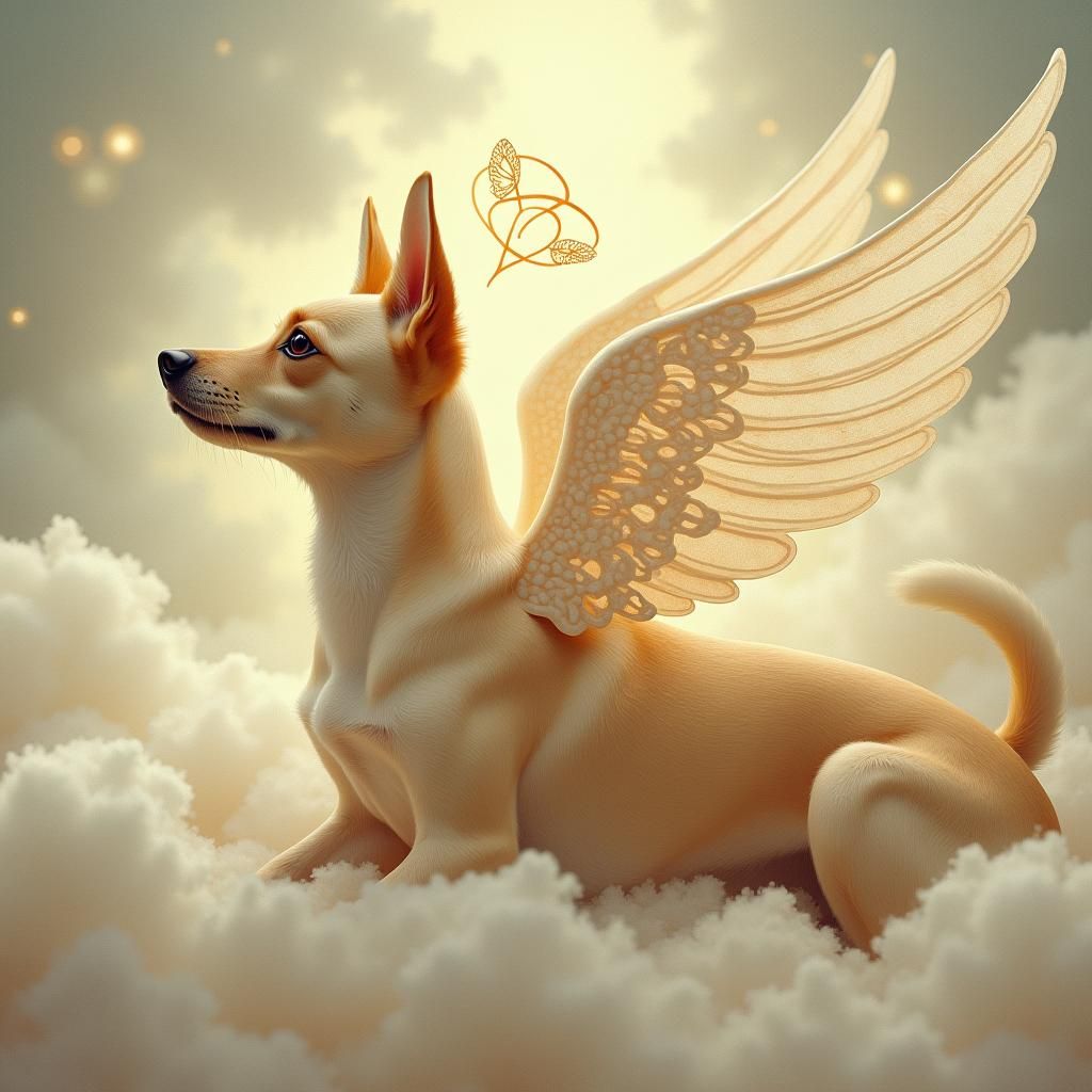 Winged Dog with Halo in Art Nouveau Style