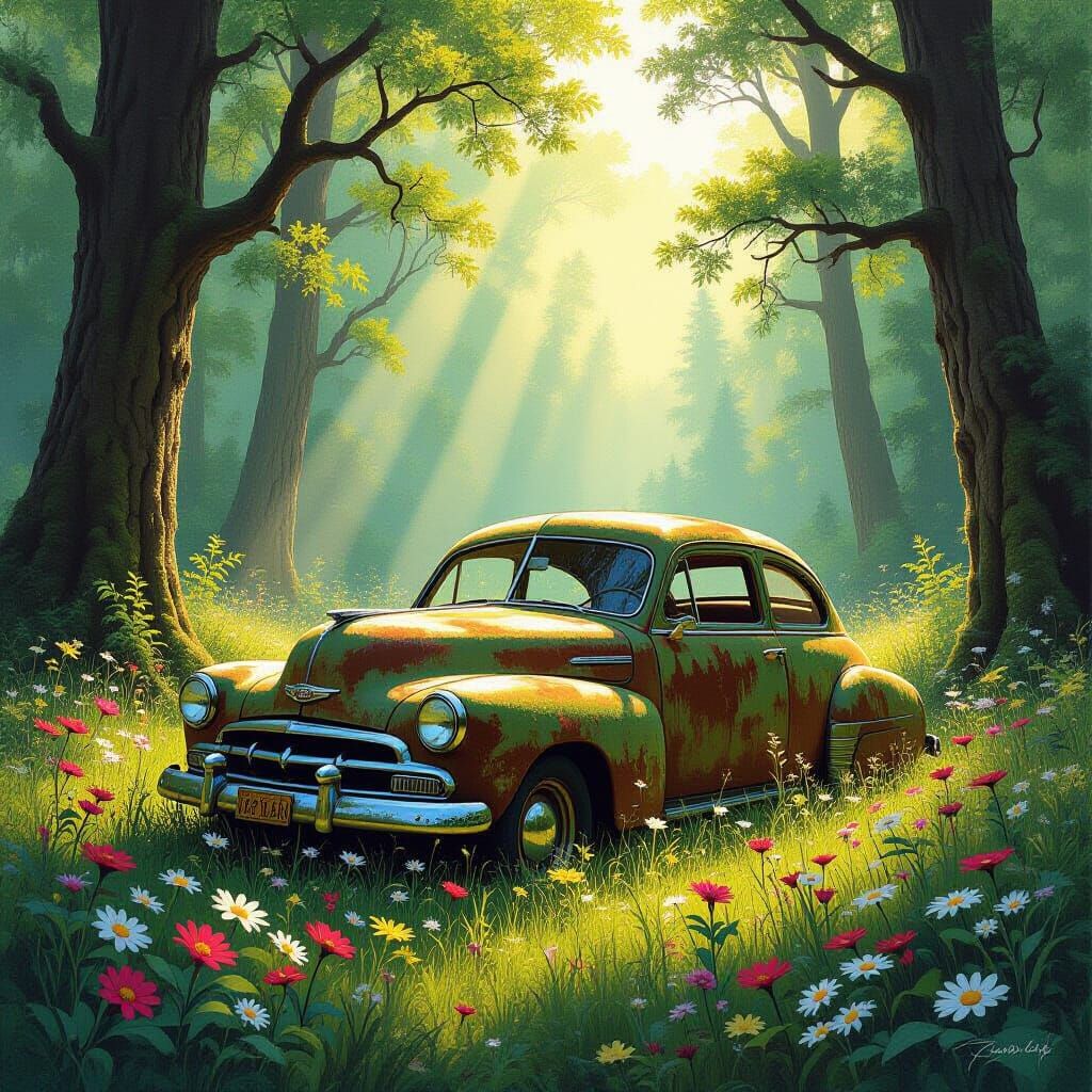 Moss-Covered Car in Vibrant Forest Clearing