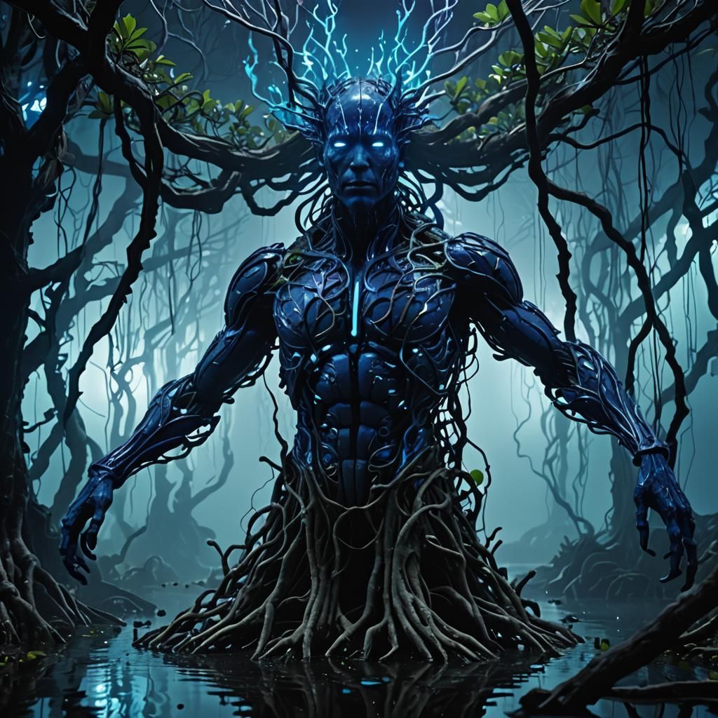 Giant Neon Sculpture in Dark Fantasy Film Still