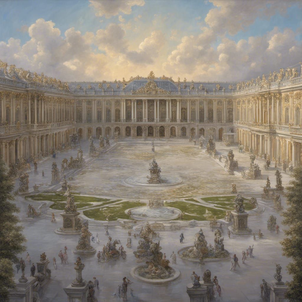 Palace of Versailles 1688 8k resolution dynamic lighting hyperdetailed intricately detailed  white, gray, gold, blue, gr...