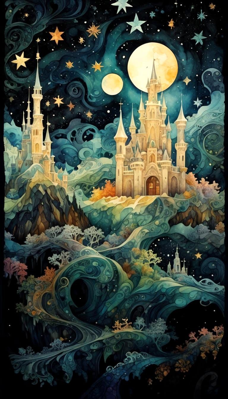 Snow Queen Castle in Watercolor Abstract Style