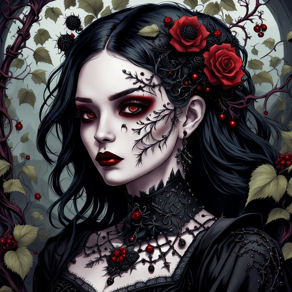An exquisite digital illustration of a goth young woman, exuding an enigmatic charm.