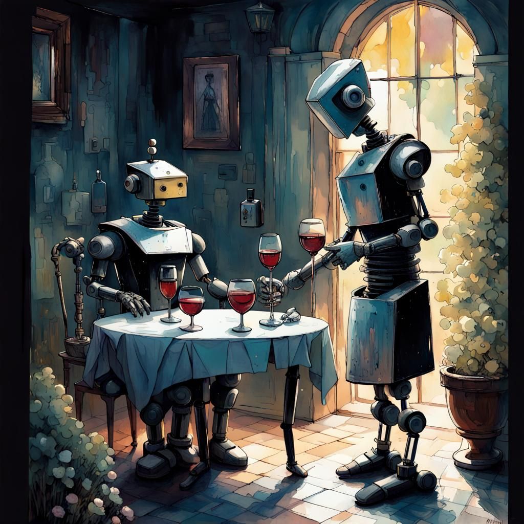 Robot Butler Serves Wine in Dark Fantasy Garden