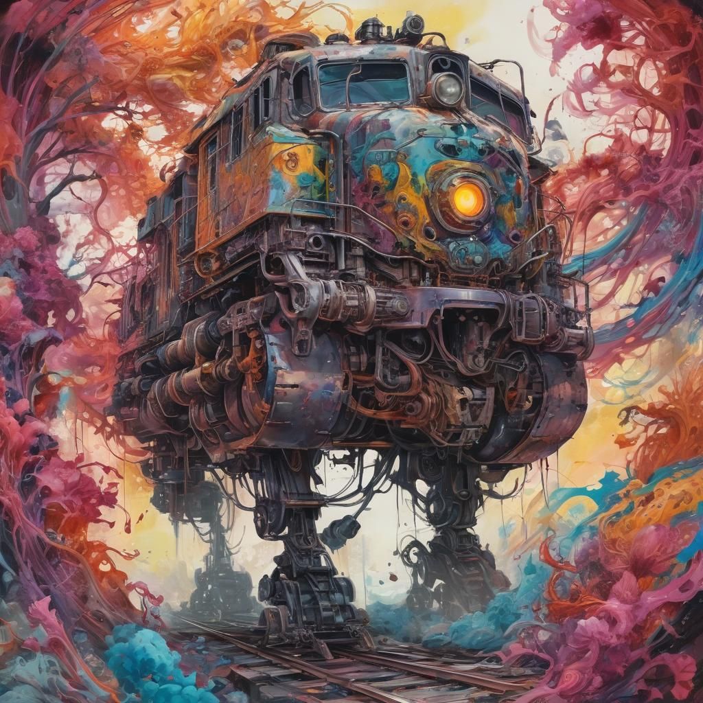 Monstrous Anime Locomotive in Acrylic with Abstract Elements