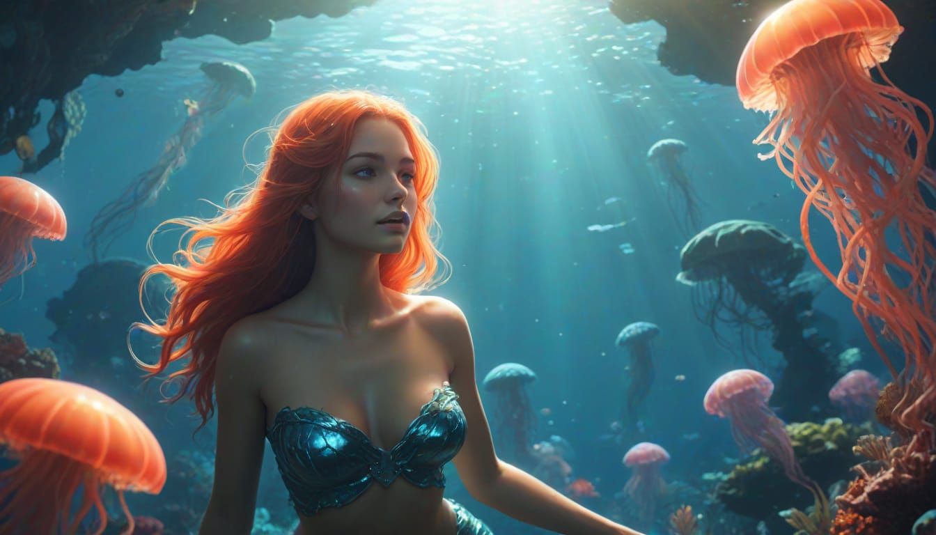 a mermaid surrounded by bioluminescent jellyfish