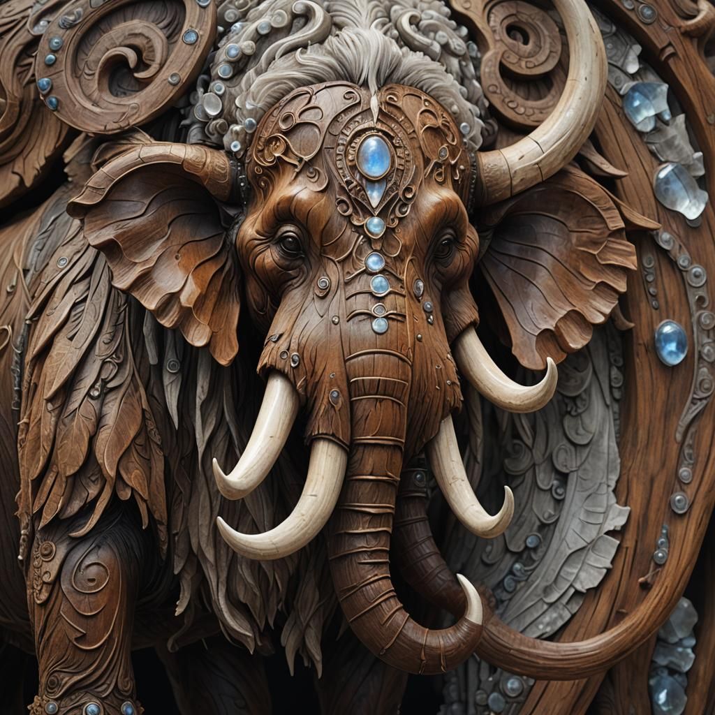 Detailed Imbuia Wood Mammoth with Moonstone Teeth