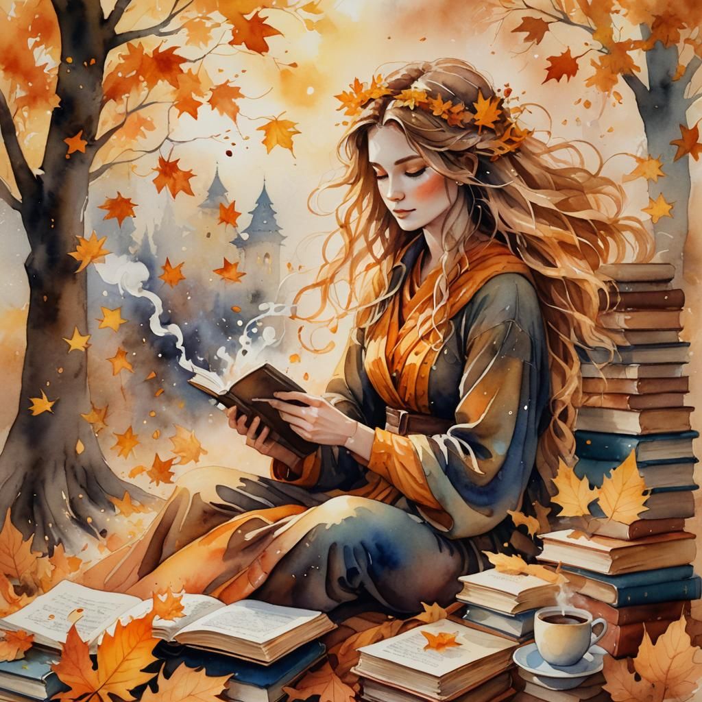 Watercolor Autumn Goddess Reading with Coffee