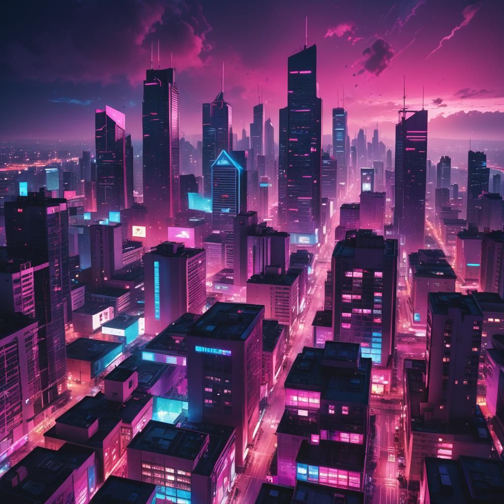 Synthwave Neon Ink Splatter Dystopian Cityscape