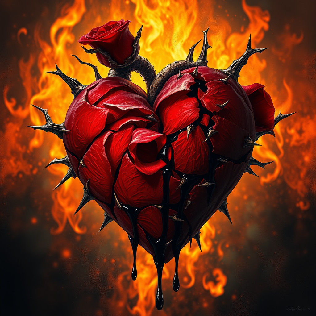 Rose Heart with Thorns and Black Ink