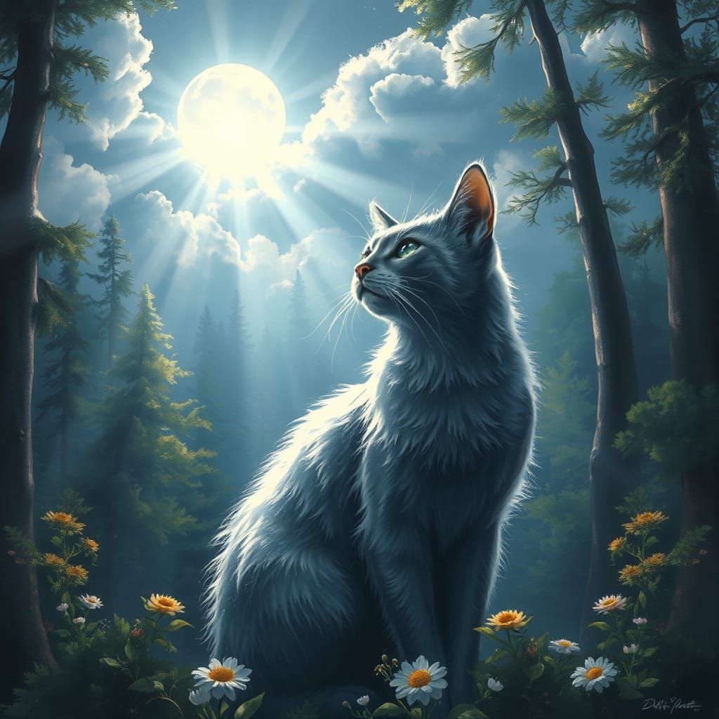Ethereal Moonlight Forest Cat in Silver and Black