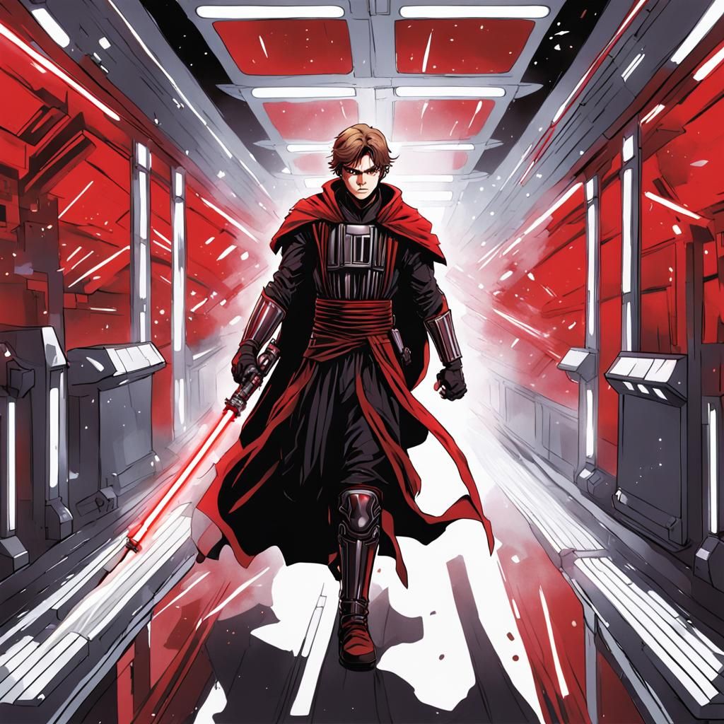 Anakin Skywalker Sith Armor Lightsaber Battle, Anime Style