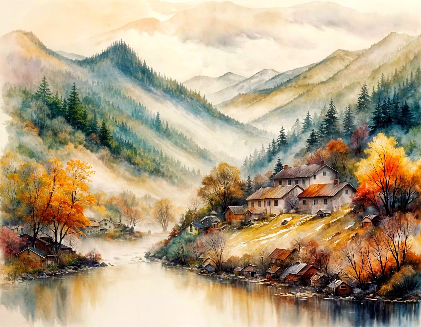 A vibrant serene watercolor landscape depicting a misty valley with colourful wodden houses nestled in the hillside, sur...