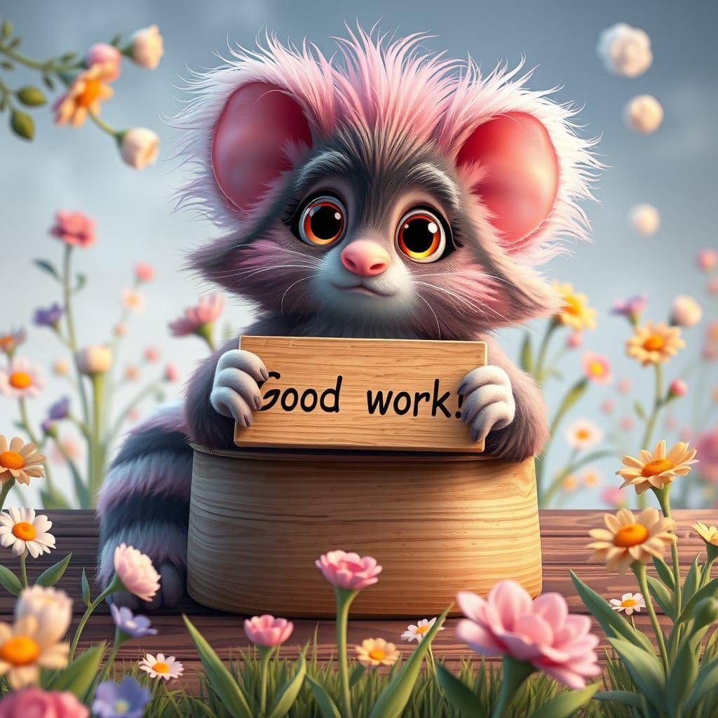 Fluffy Raccoon Holds "Good Work!" Sign with Whimsical Flower...