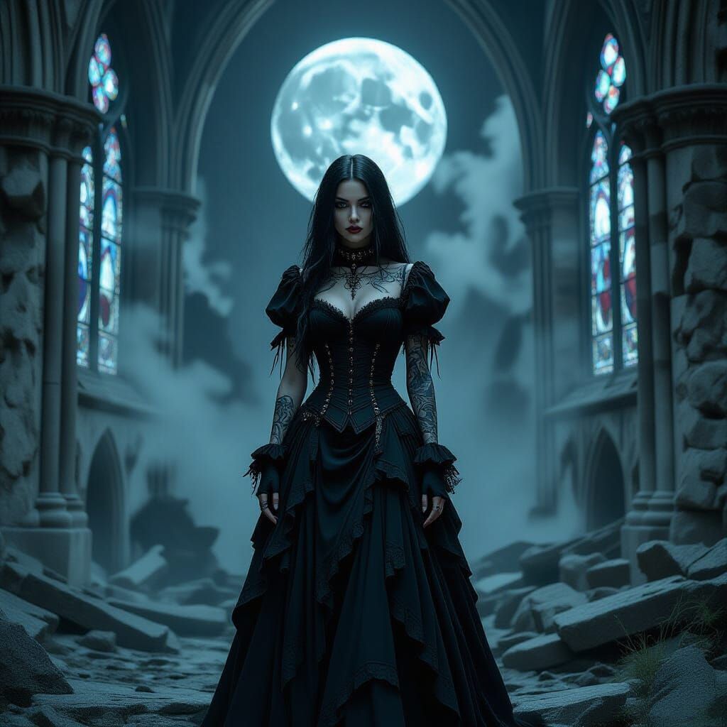 Gothic Woman in Ruined Cathedral, Surreal Style