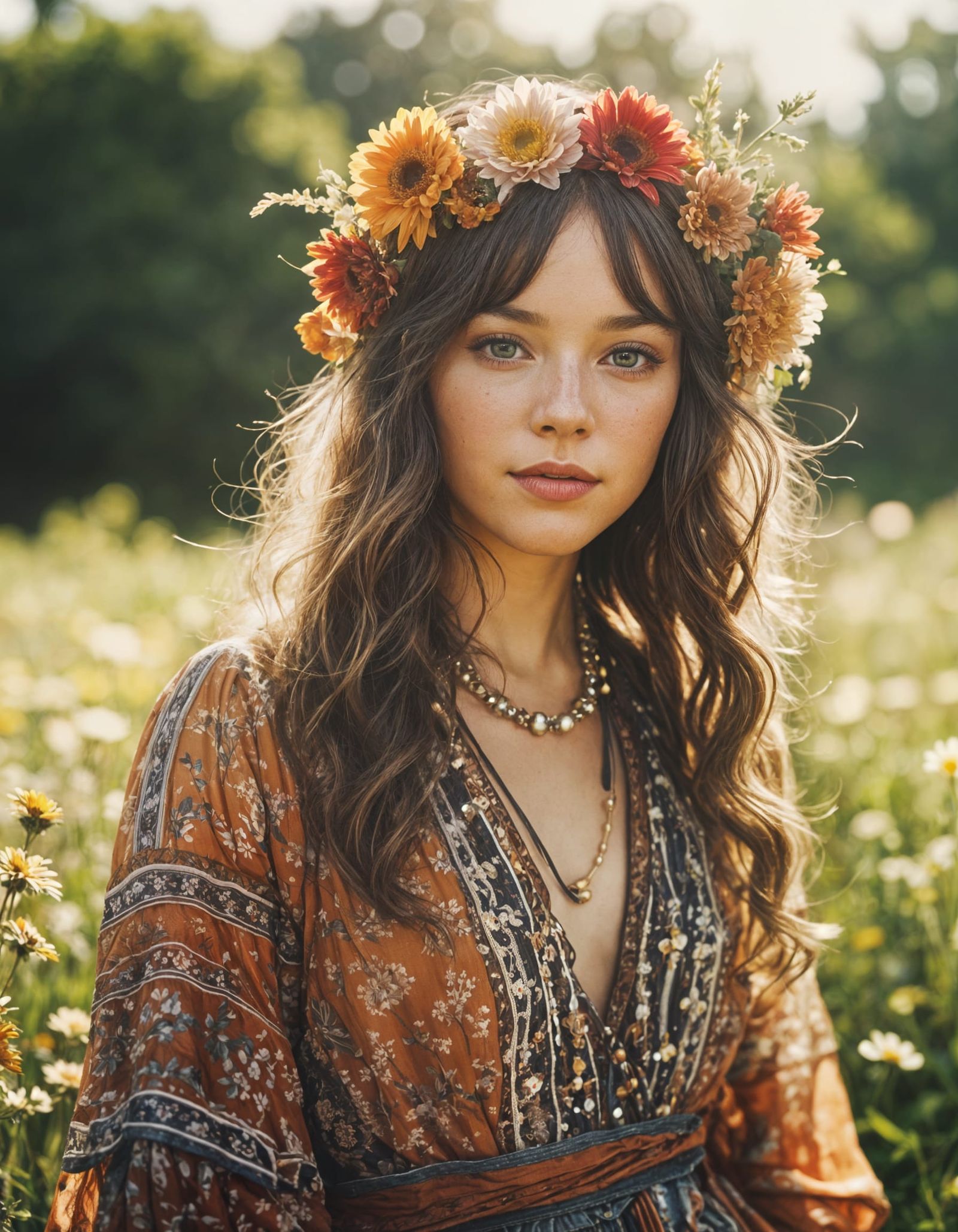 Bohemian Beauty in Sunlit Meadow, Polaroid Style