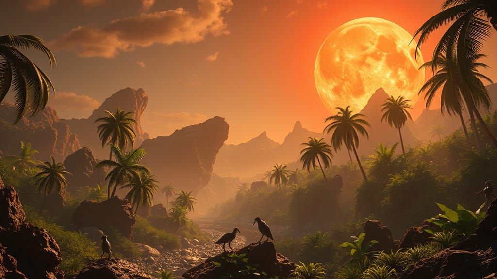 Vibrant Alien Jungle Planet under a Red Giant Starlight