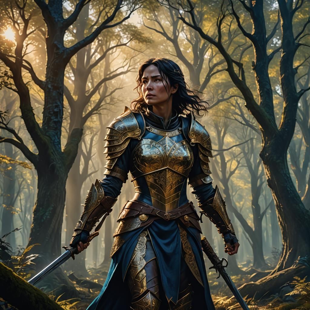 Victorious Lady Warrior in Mystical Forest