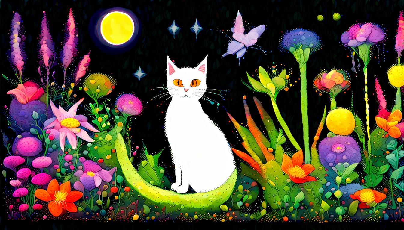 Magical Glowing Cat Plant in Pointillism Style