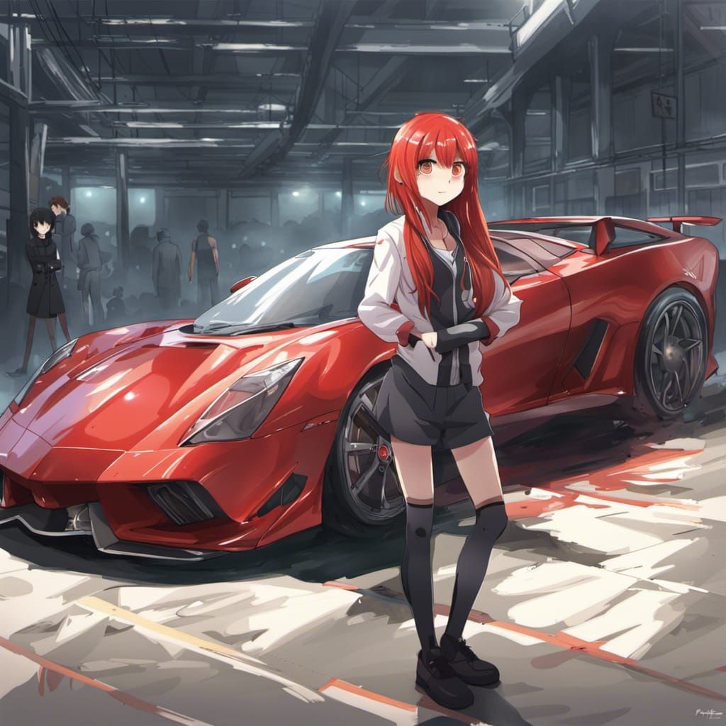 Red-Haired Girl with Supercar in Anime Style