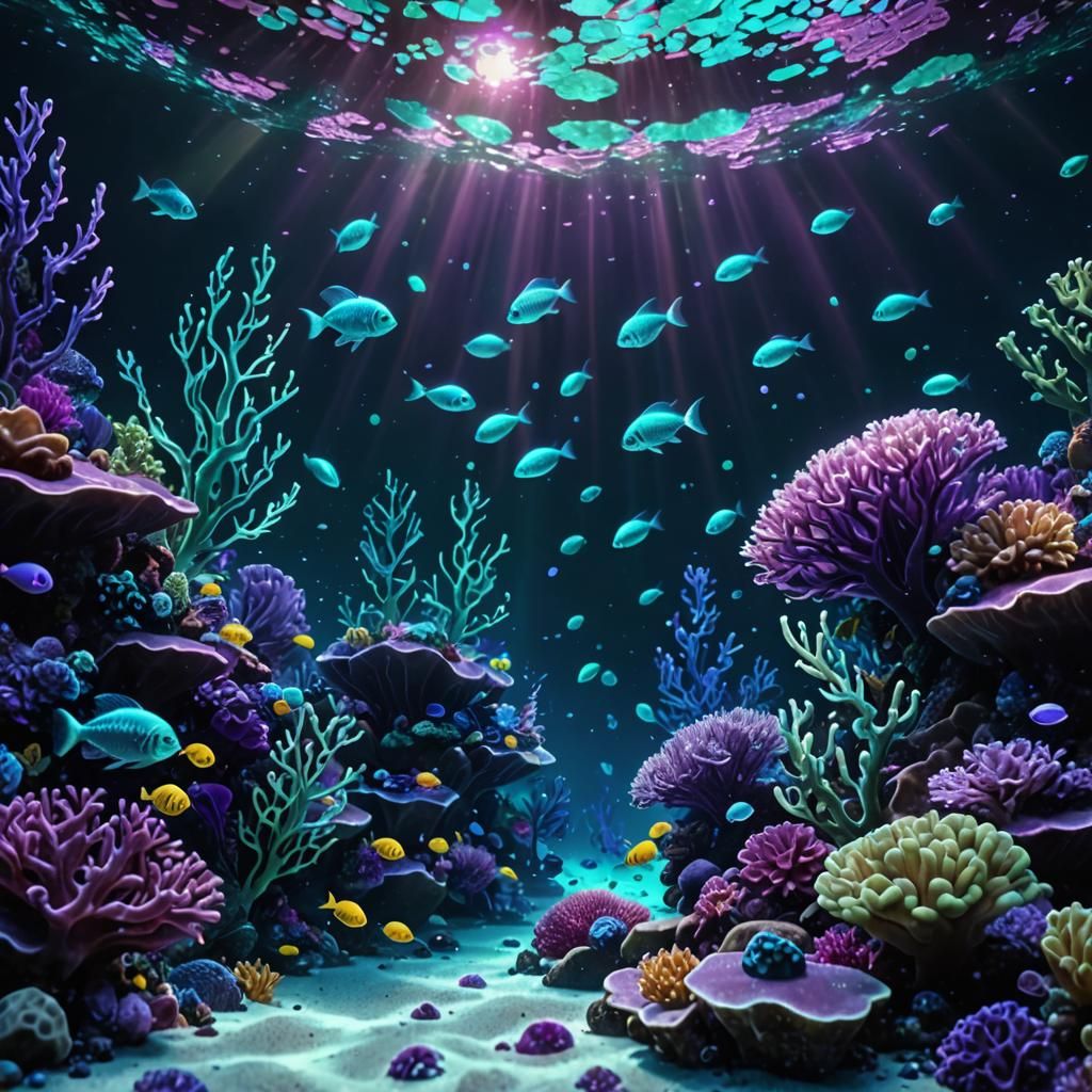 Bioluminescent Fish Swim Among Crystalline Coral