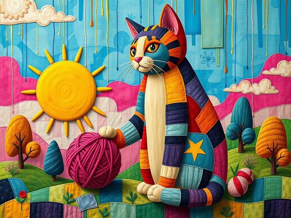 Giant Patchwork Cat Plays with Sun, Dada Art