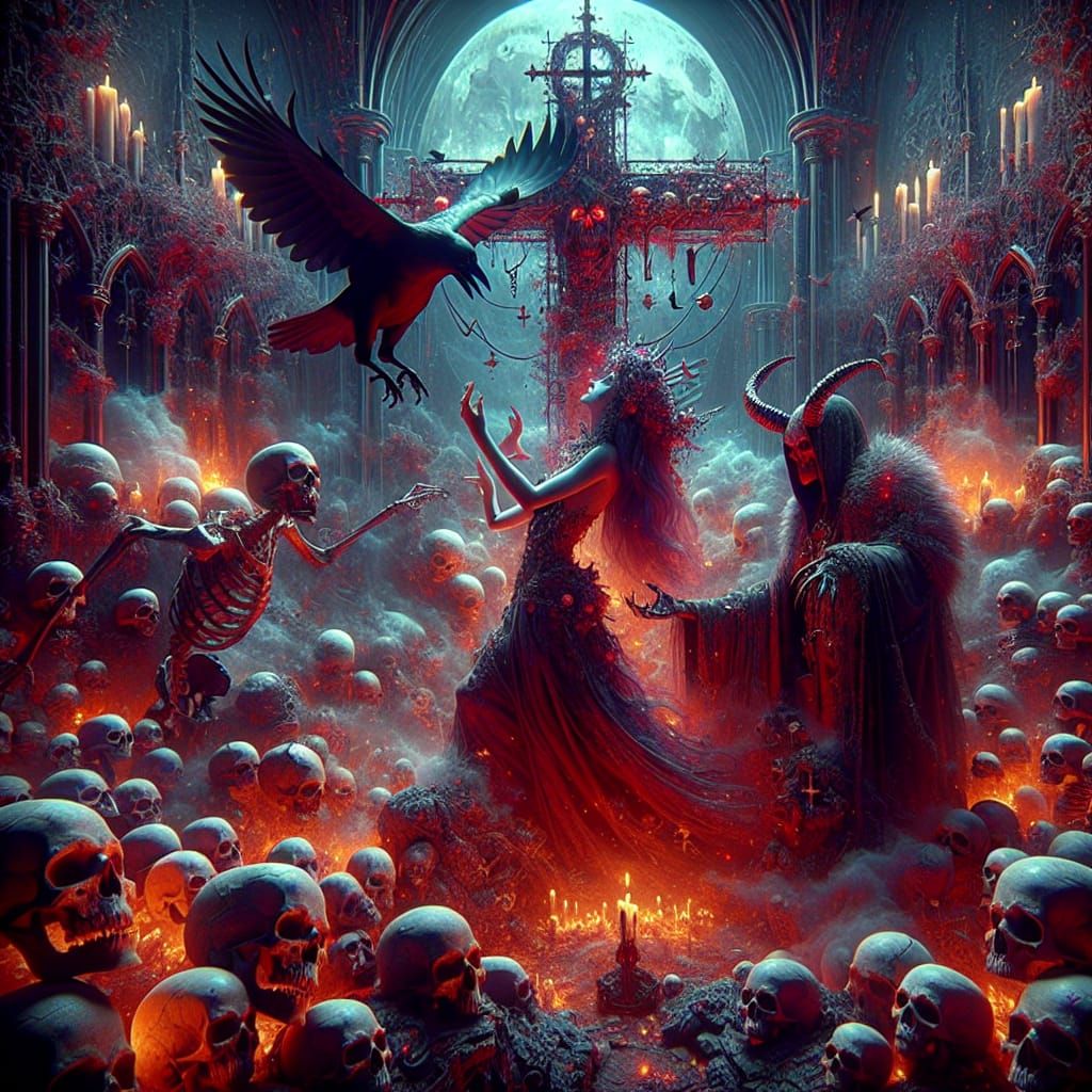 Fantasy Demon and Woman with Skulls in Matte Painting