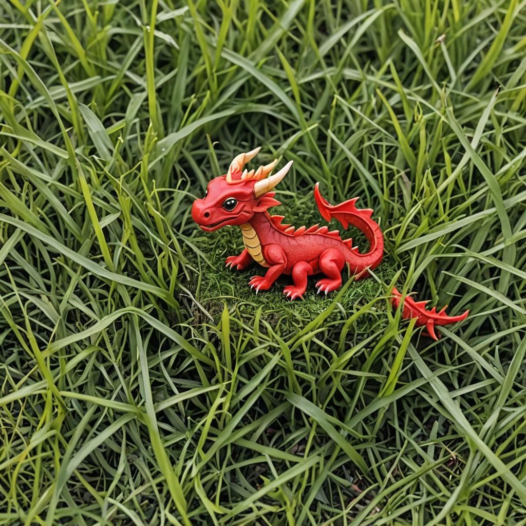 Miniature Red Dragon Roosting on Grass