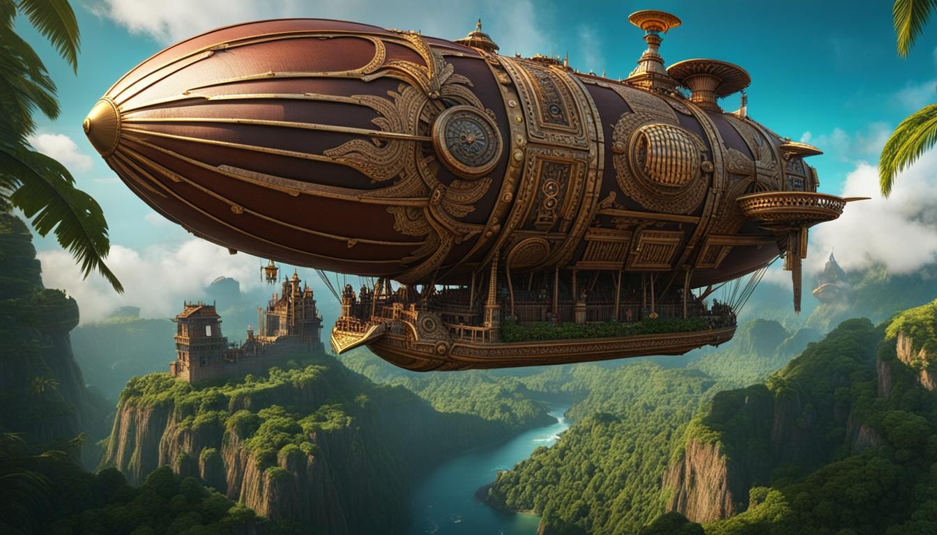 Steampunk Aztec Airship Over Tropical Ziggurats