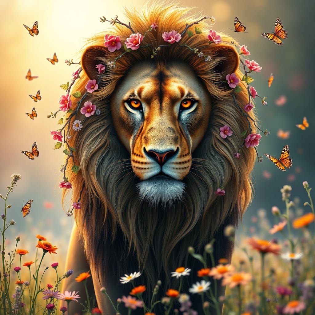 Lion with Floral Mane in Detailed Matte Painting Style