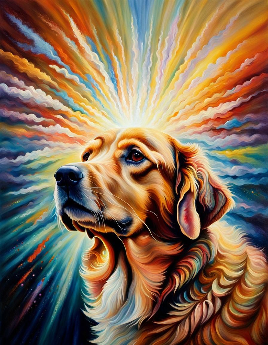Dog Ascends to Heaven in Surreal Oil Painting
