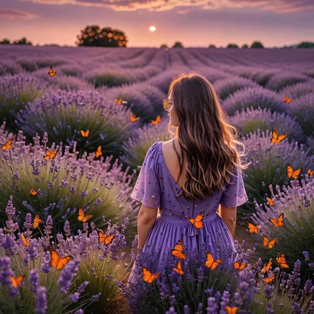 Lavender Field Sunset: Person and Butterflies