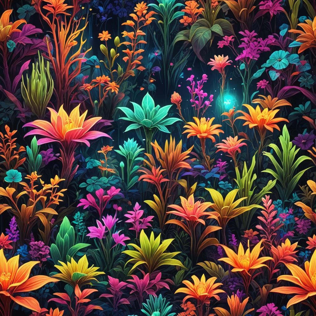 Neon Fantasy Landscape with Glowing Plants