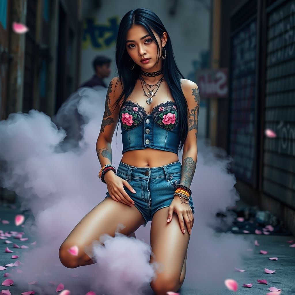 Cyberpunk Laotian Woman in Denim with Floral Lace