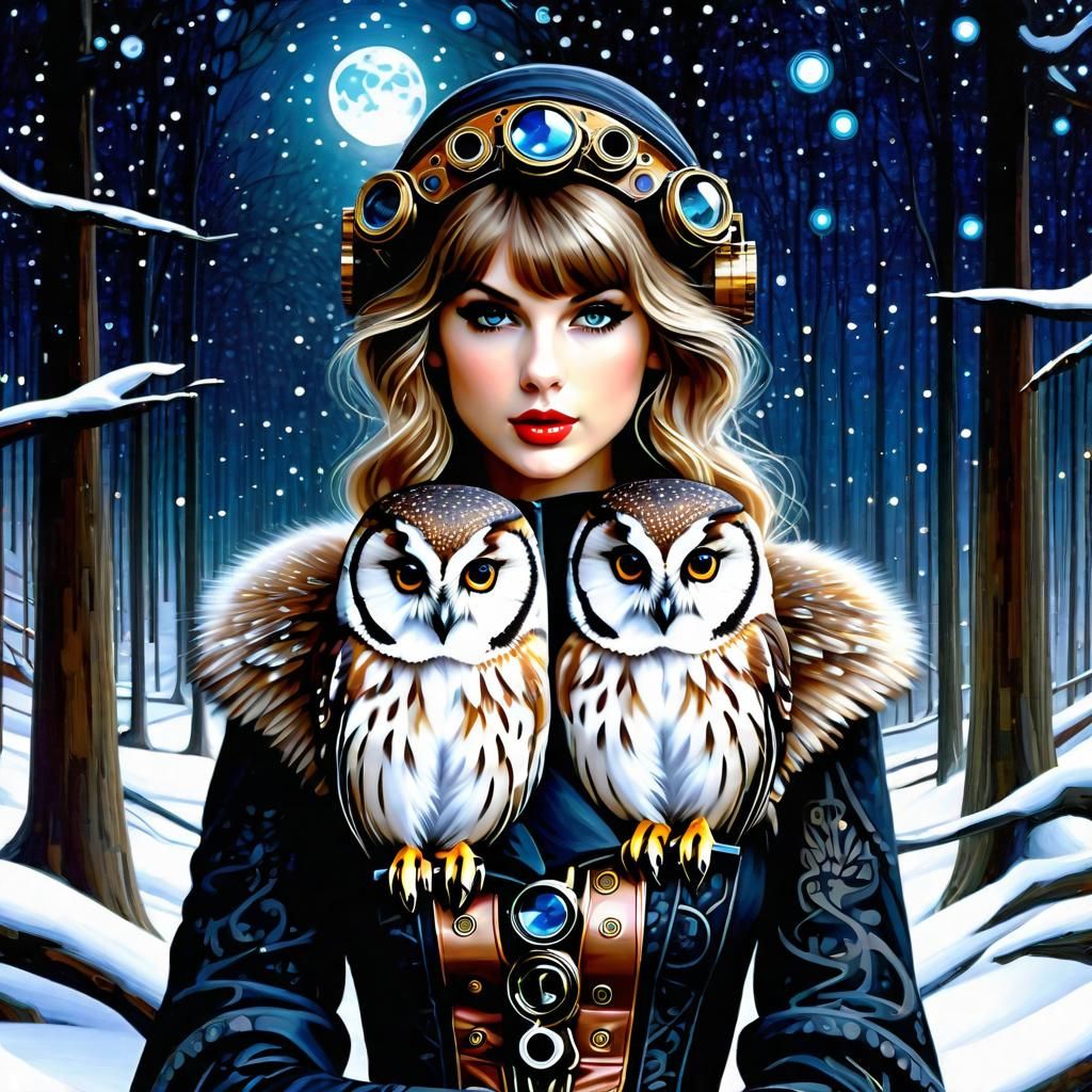Steampunk Taylor Swift with Owls in Winter Forest