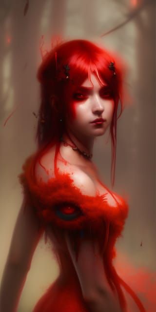 Red Woman with Bloody Eyes in Anime Style
