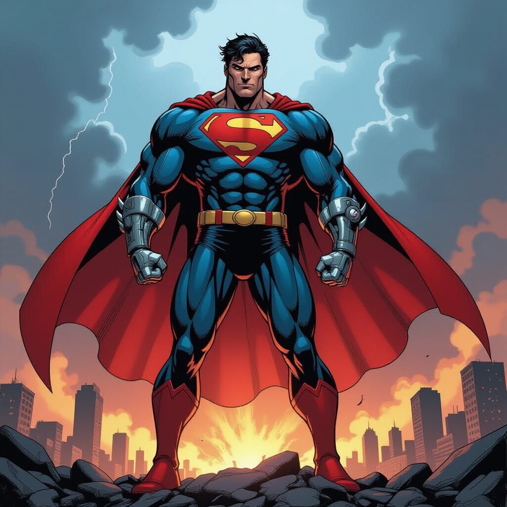 Cable Superman Hybrid Hero in Ruined Cityscape