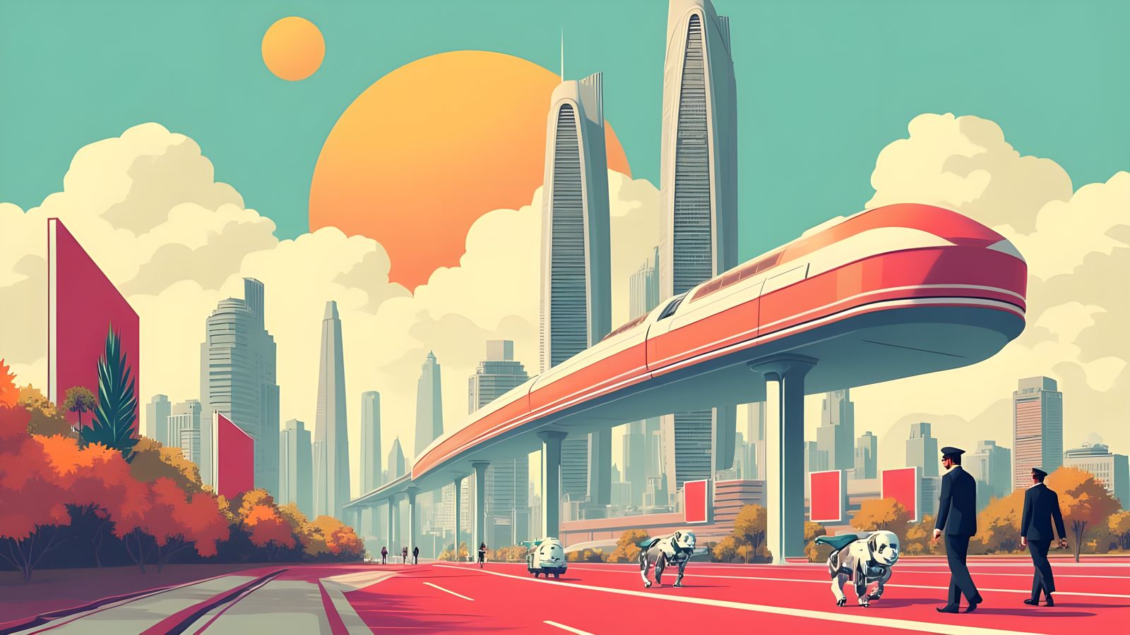 Retro-Futuristic Cityscape with Monorails and Neon Billboard...