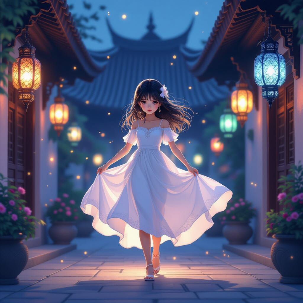 Ethereal Spirit in Lantern-Lit Palace Courtyard