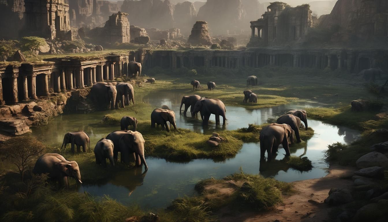 Elephants in Swamp Near Ruins: Grimmer Style