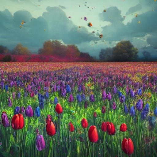Whimsical Rainbow Tulip Meadow in Concept Art Style