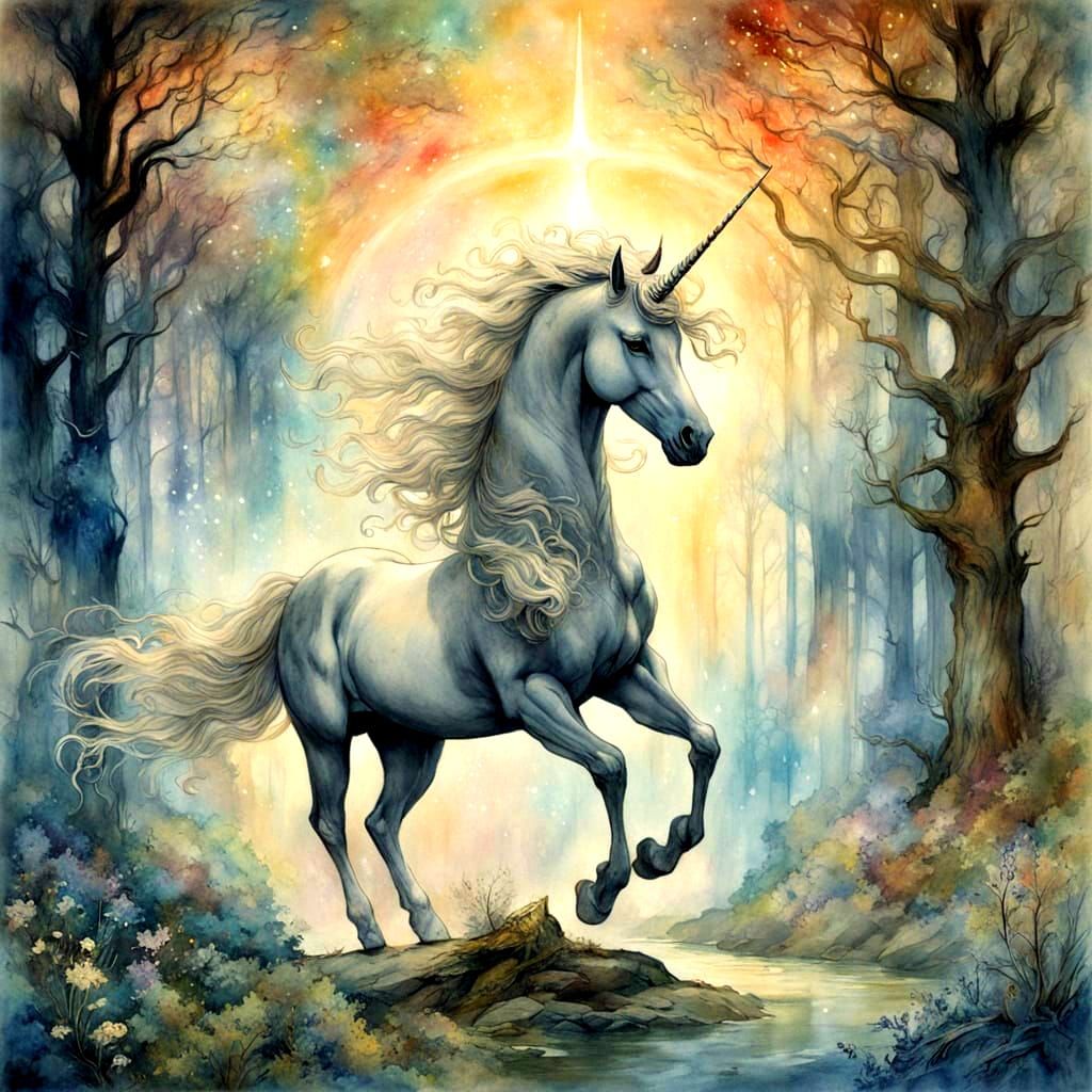 Majestic Unicorn in Dreamlike Forest, Watercolor Painting