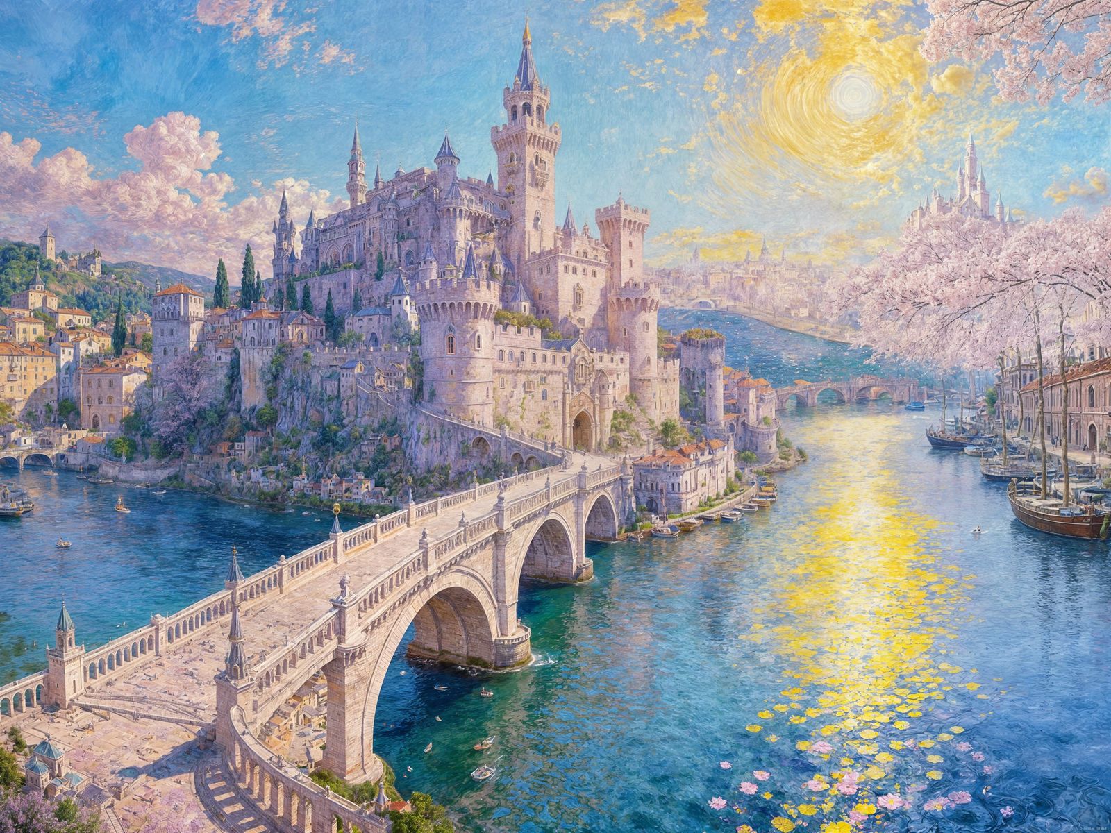 Fantasy Castle Over Majestic River in Renaissance Style